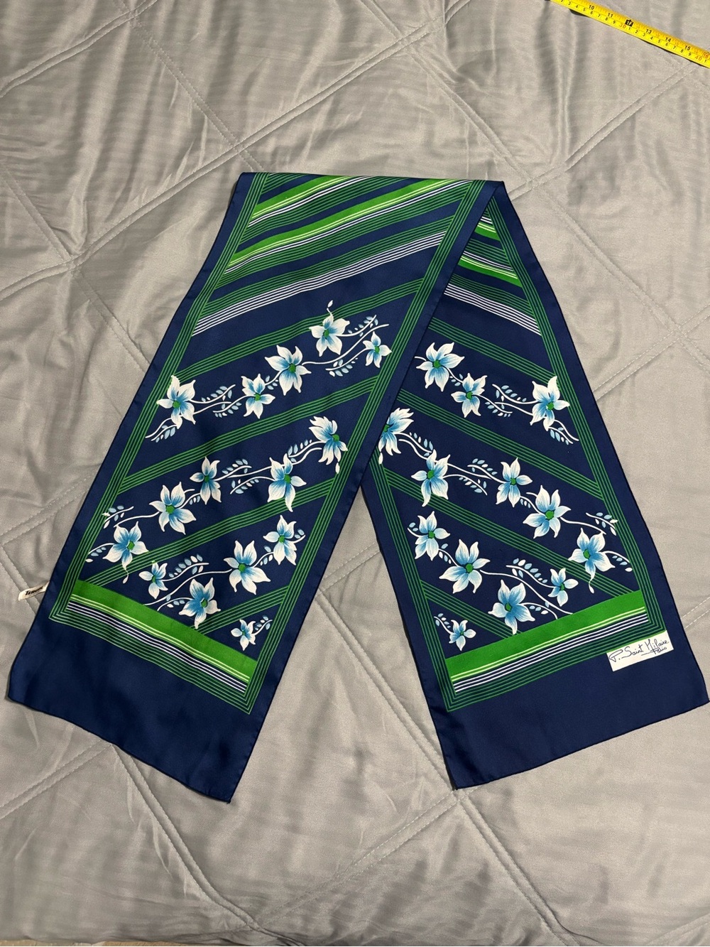 Vintage P. Saint Hilaire Paris Floral Long Scarf Navy Green Tergal Diagonal